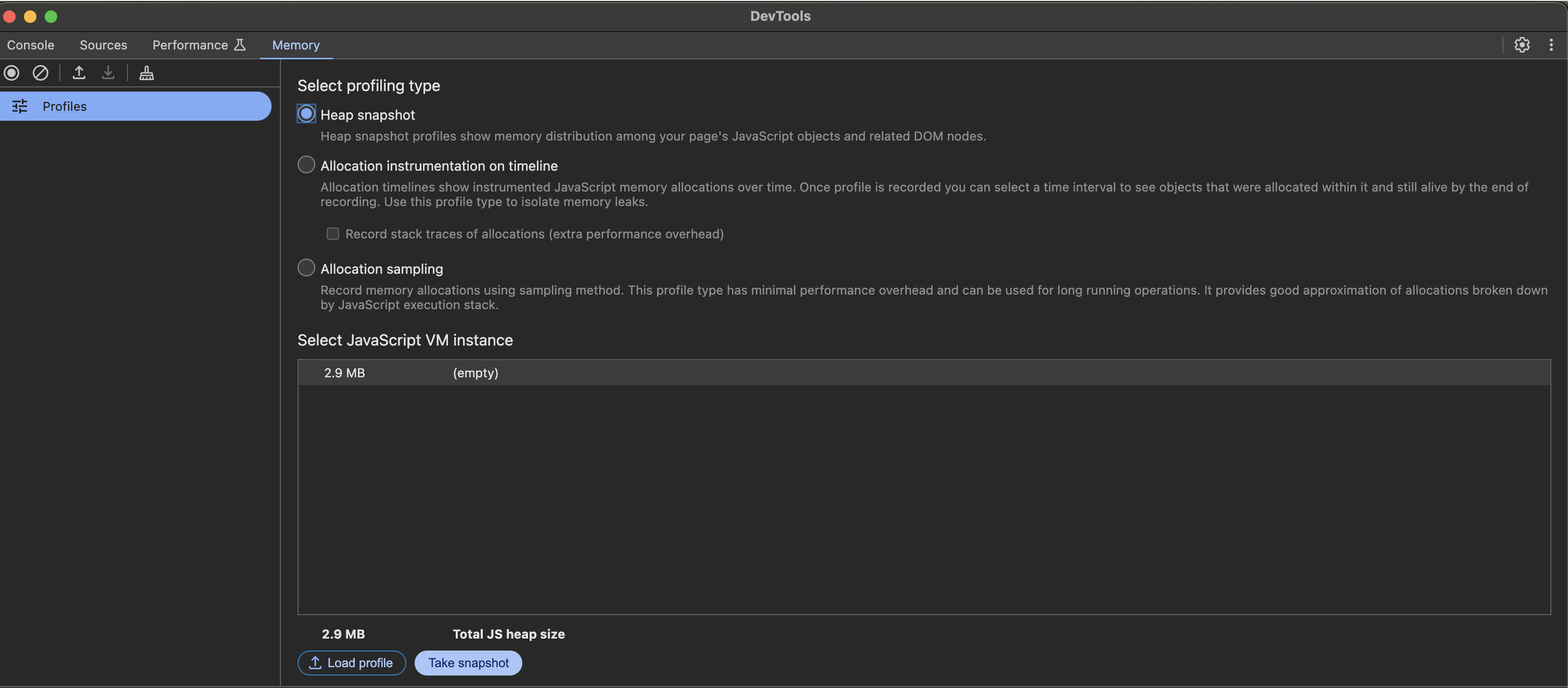 Screenshot that shows the Chrome DevTools Memory tab for capturing heap snapshots.