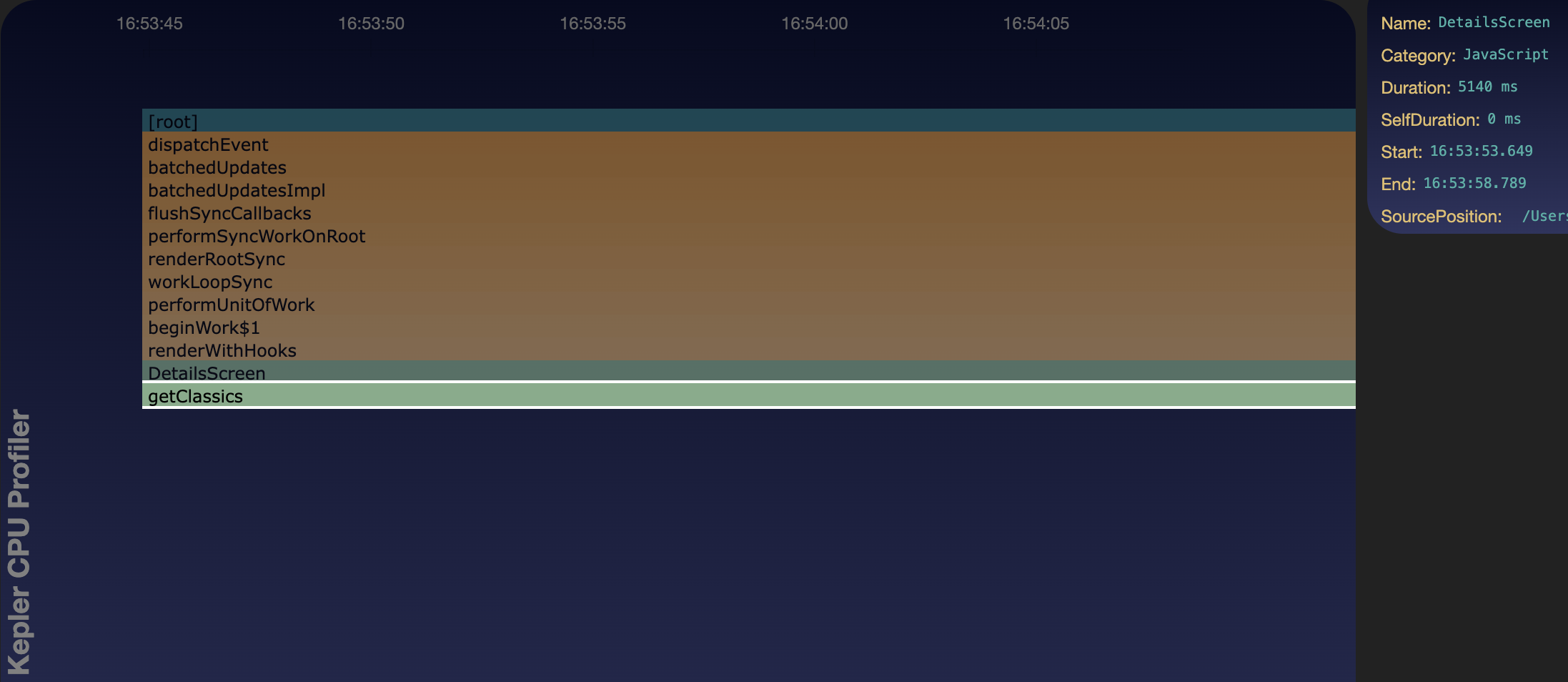 Screenshot that shows that flame graph identifies the getClassics method as a performance bottleneck.