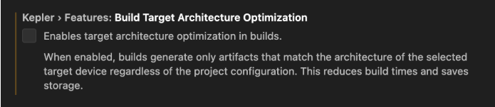 Screenshot that shows where you can enable the Build Target Architecture Optimization feature.
