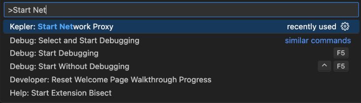 Screenshot showing the Start Network Proxy command in the command palette.