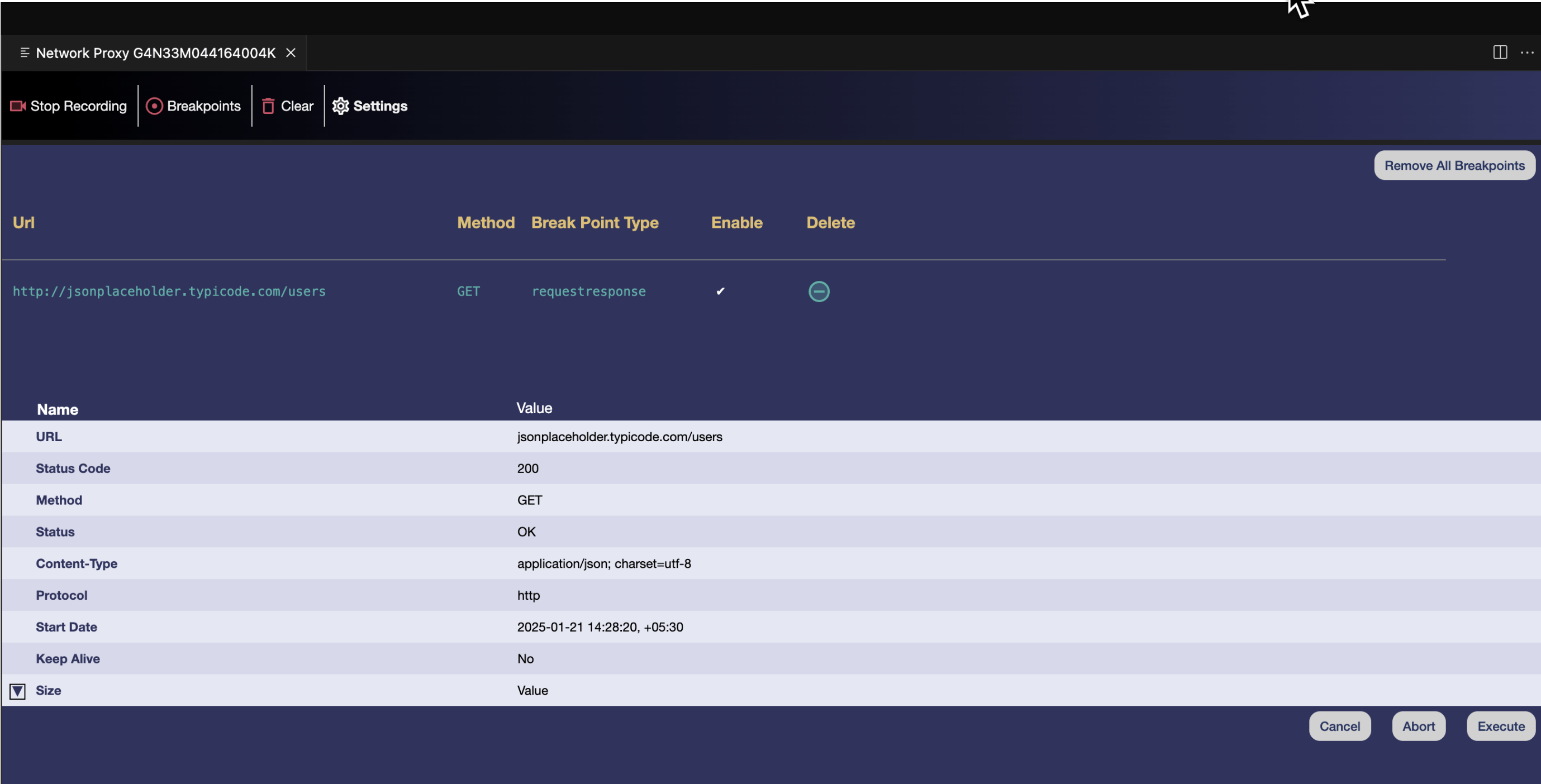 Screenshot that shows the Network Proxy UI when a breakpoint is triggered.