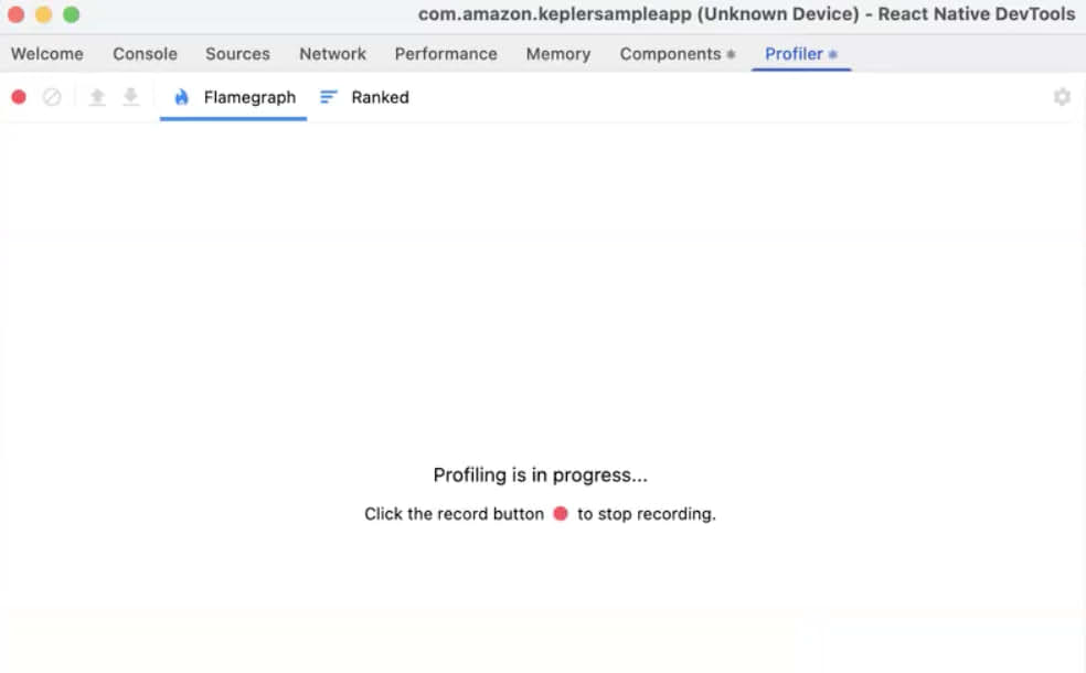 Screenshot that shows the Profiler tab with profiling in progress and a message to select the record button to stop recording.