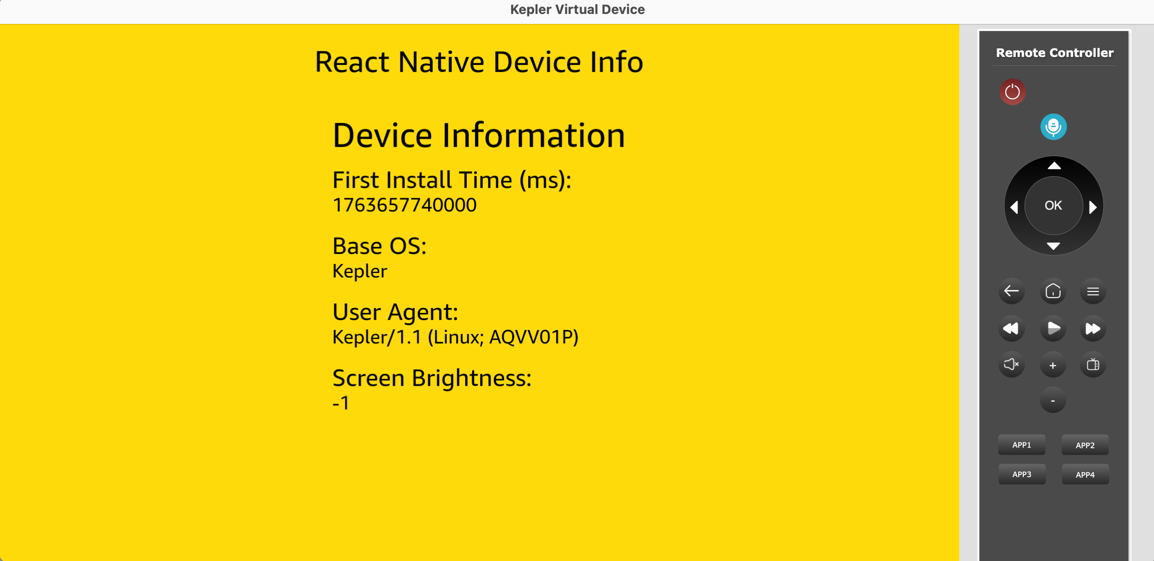 Screenshot showing the Device Information panel of a simulator displaying device details including First Install Time (ms), Base OS, User Agent, and Screen Brightness.