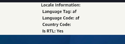 Screenshot showing the output on a simulator, displaying locale information such as language tag, language code, country code and if there is RTL or not.