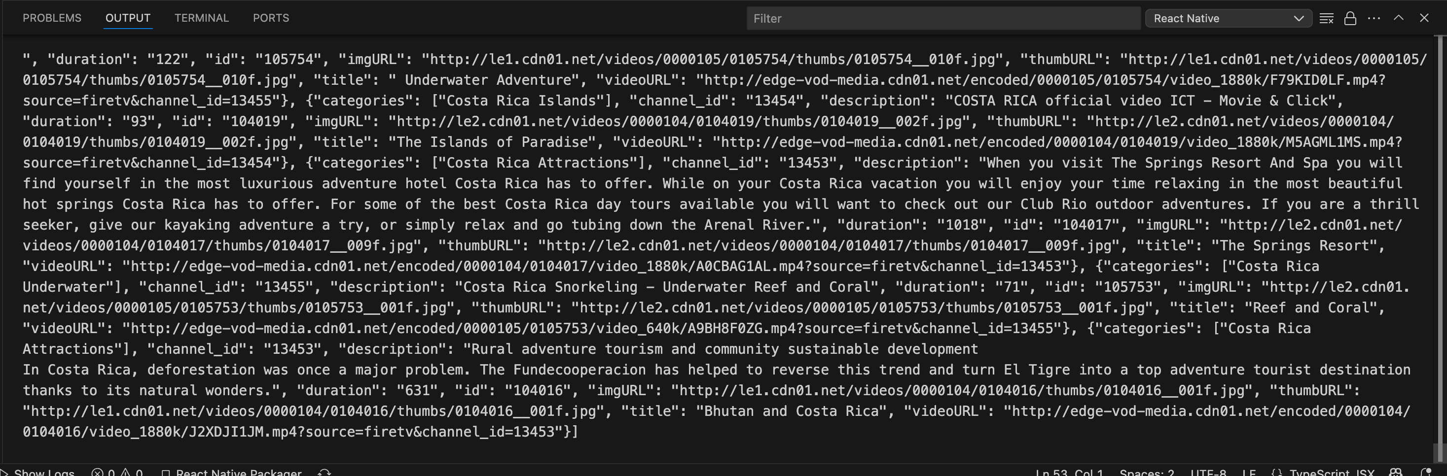 React Native output panel