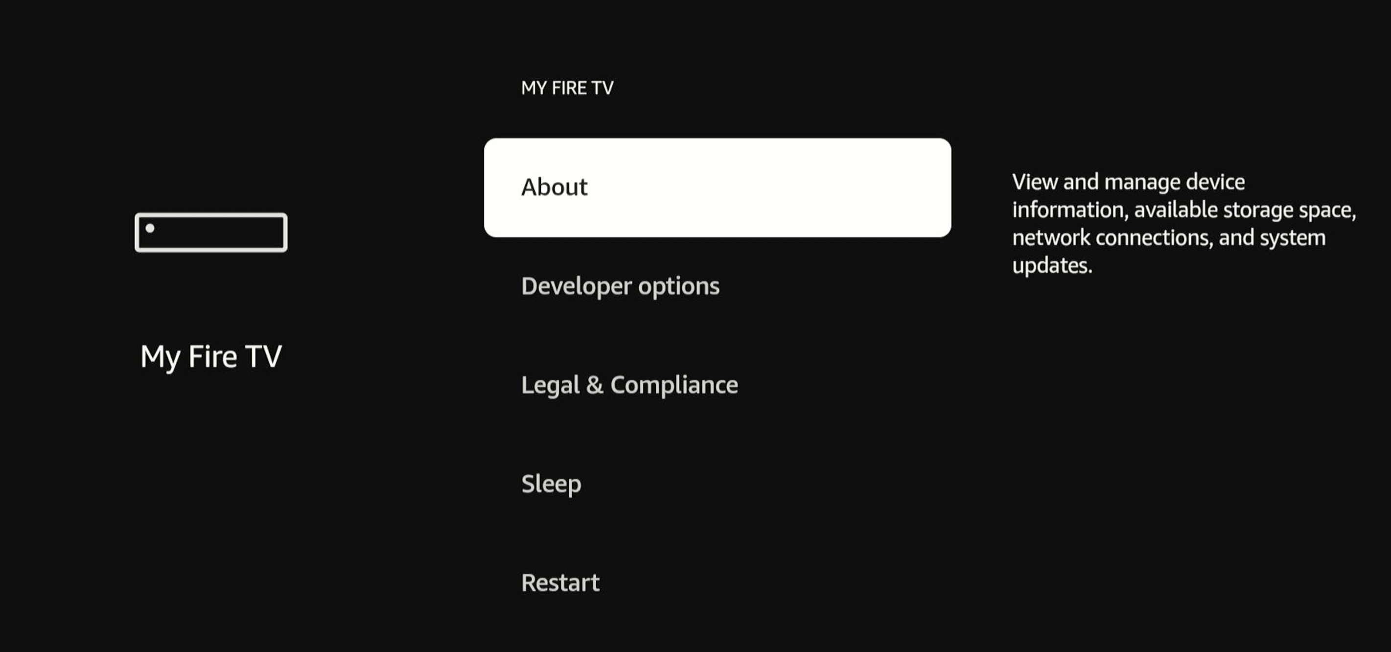 Screenshot showing the About option in My Fire TV settings menu.