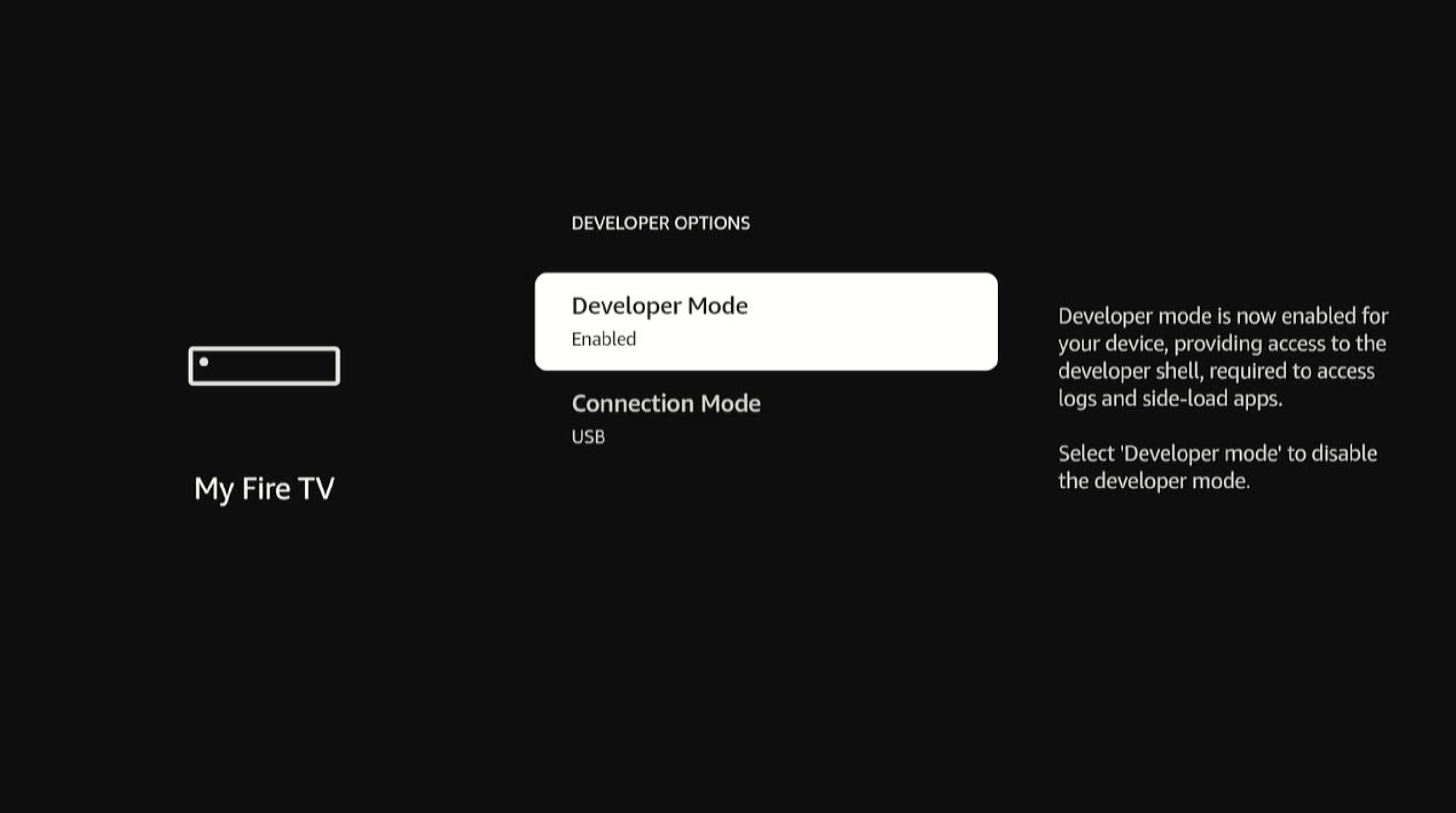 Developer Mode status showing Enabled in Developer Options settings.