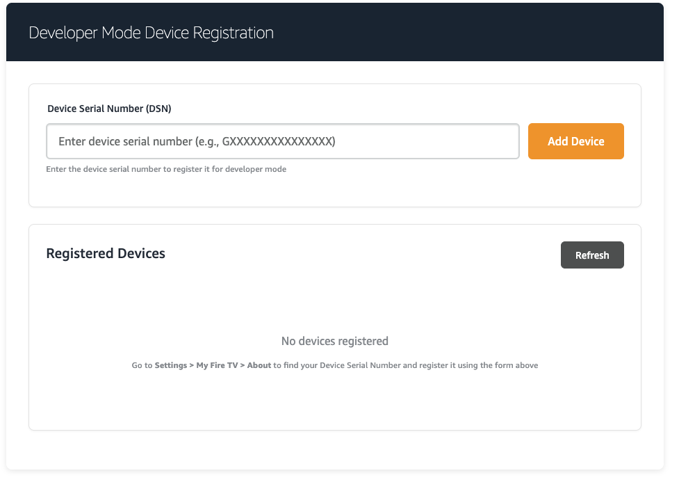 Screenshot that shows the Fire TV Stick registration in Developer Console.