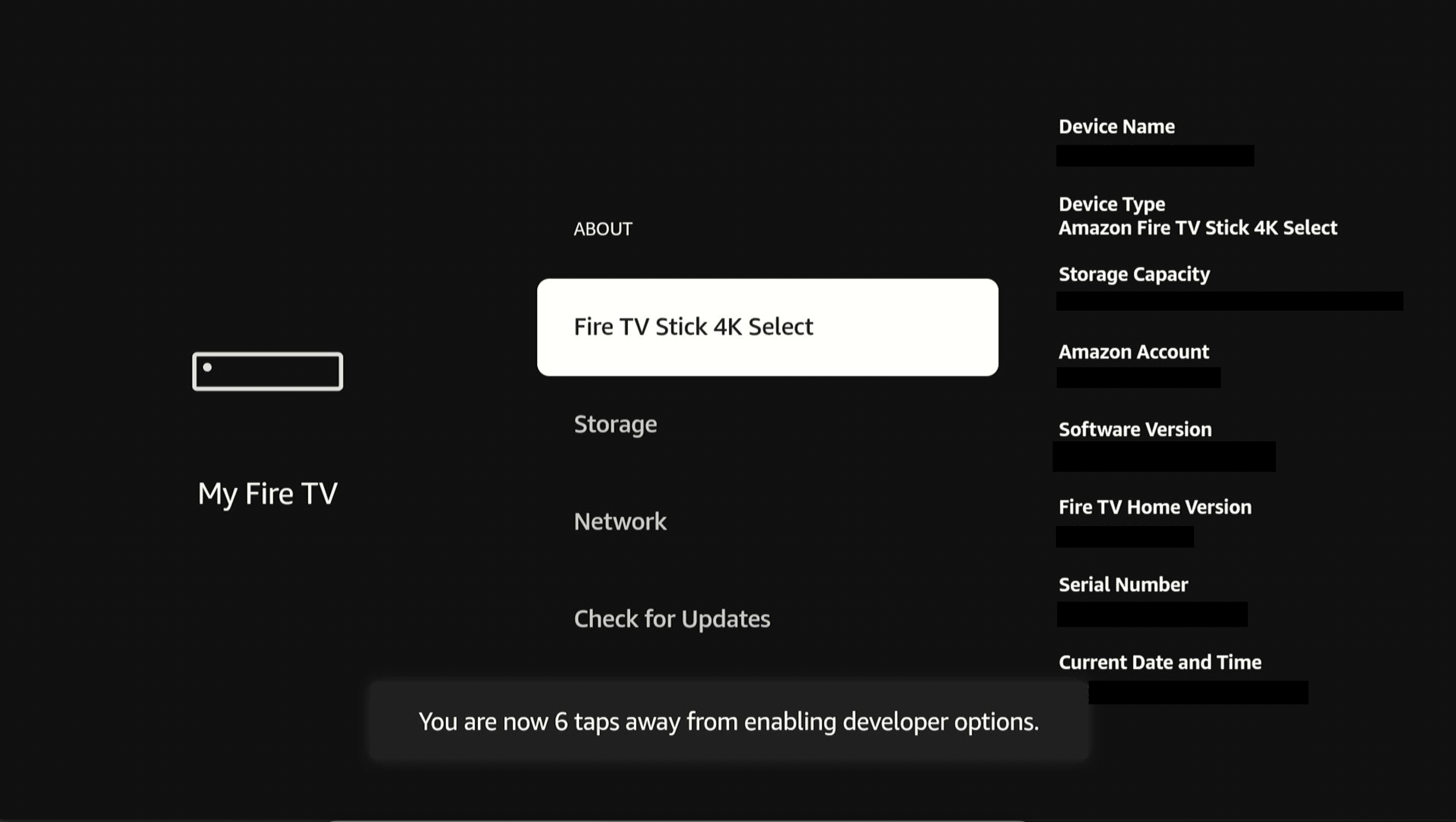 Screenshot showing Fire TV Stick 4K Select option in the About screen.