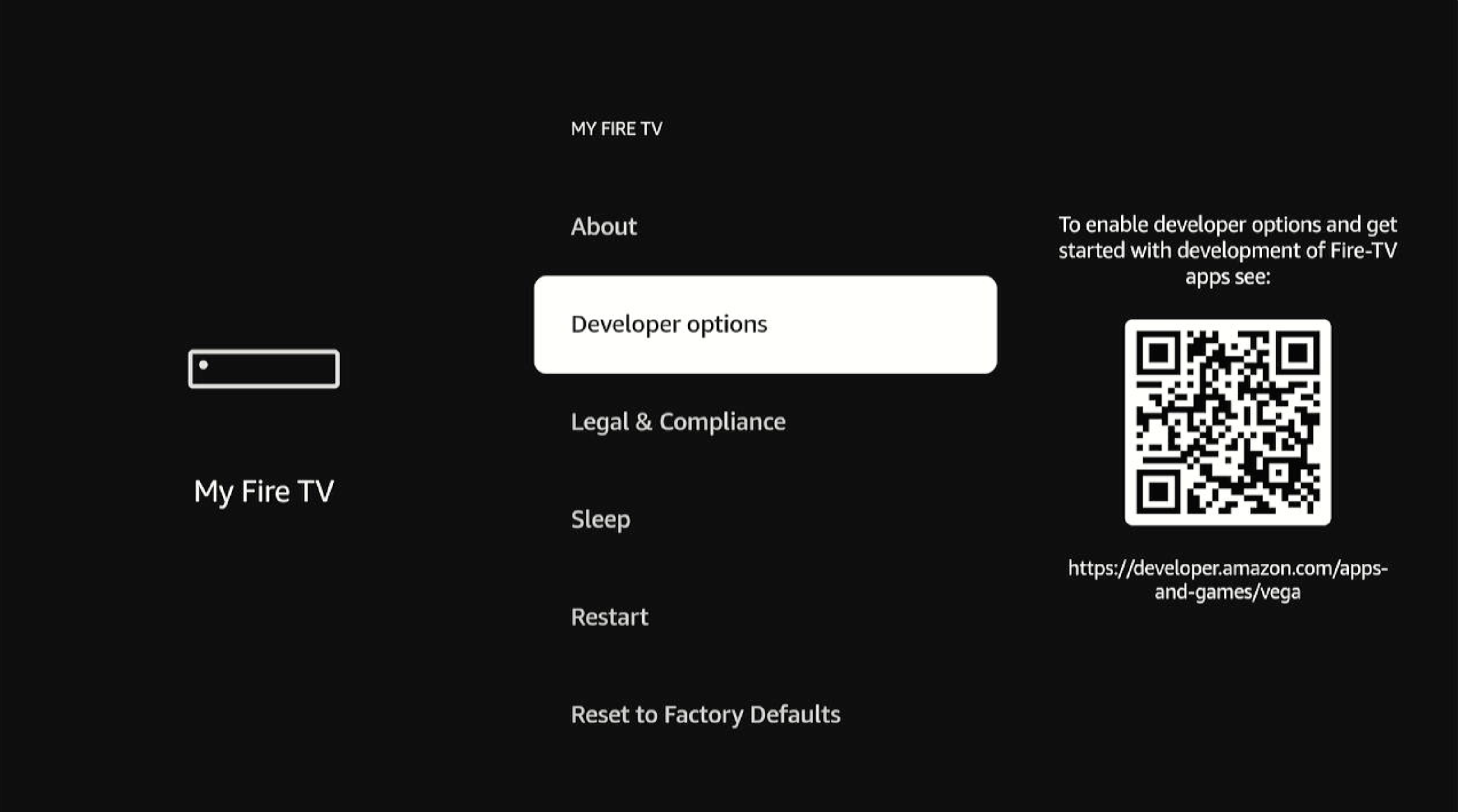 Screenshot showing the Developer Options entry in the My Fire TV settings menu.