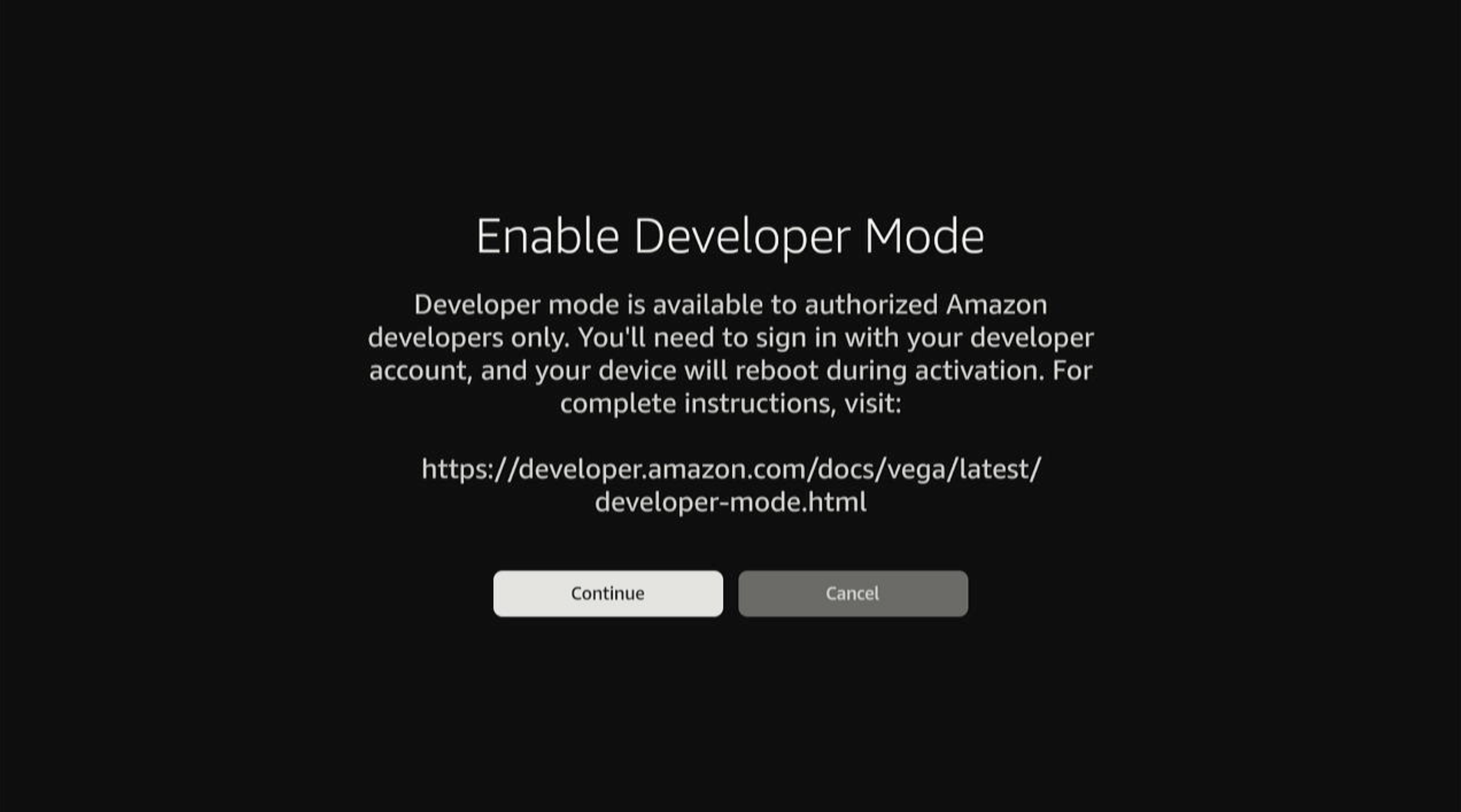 Screenshot showing the Enable Developer Mode confirmation dialog with Continue and Cancel options.