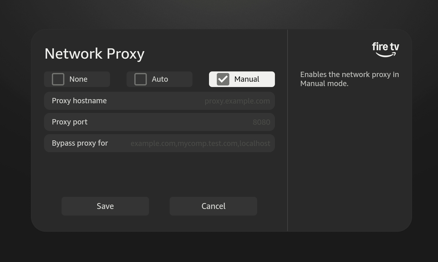 Screenshot that shows the Network Proxy options of None, Auto, or Manual. The setting also has fields for Proxy hostname, Proxy port, and Bypass proxy for.