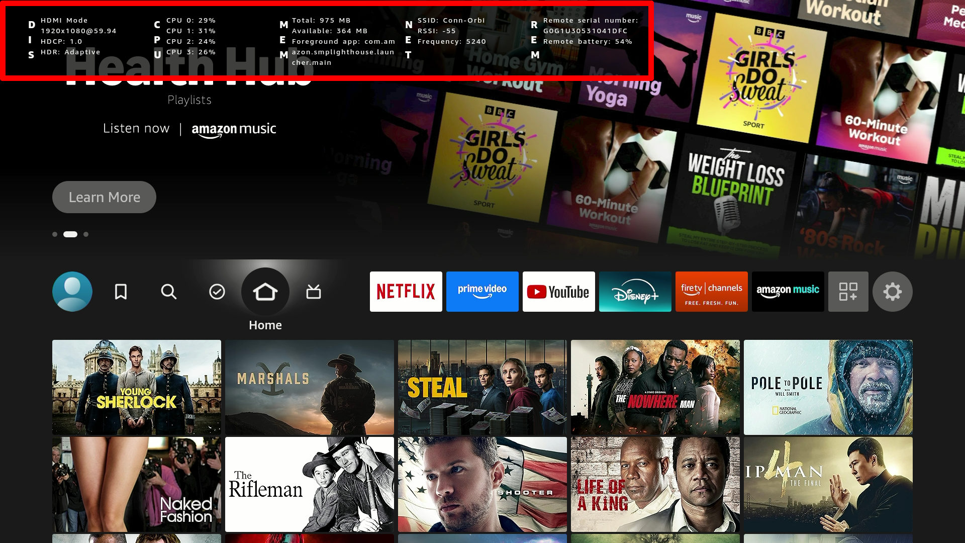 Screenshot of the Fire TV UI with the system x-ray metadata displayed in the upper left.