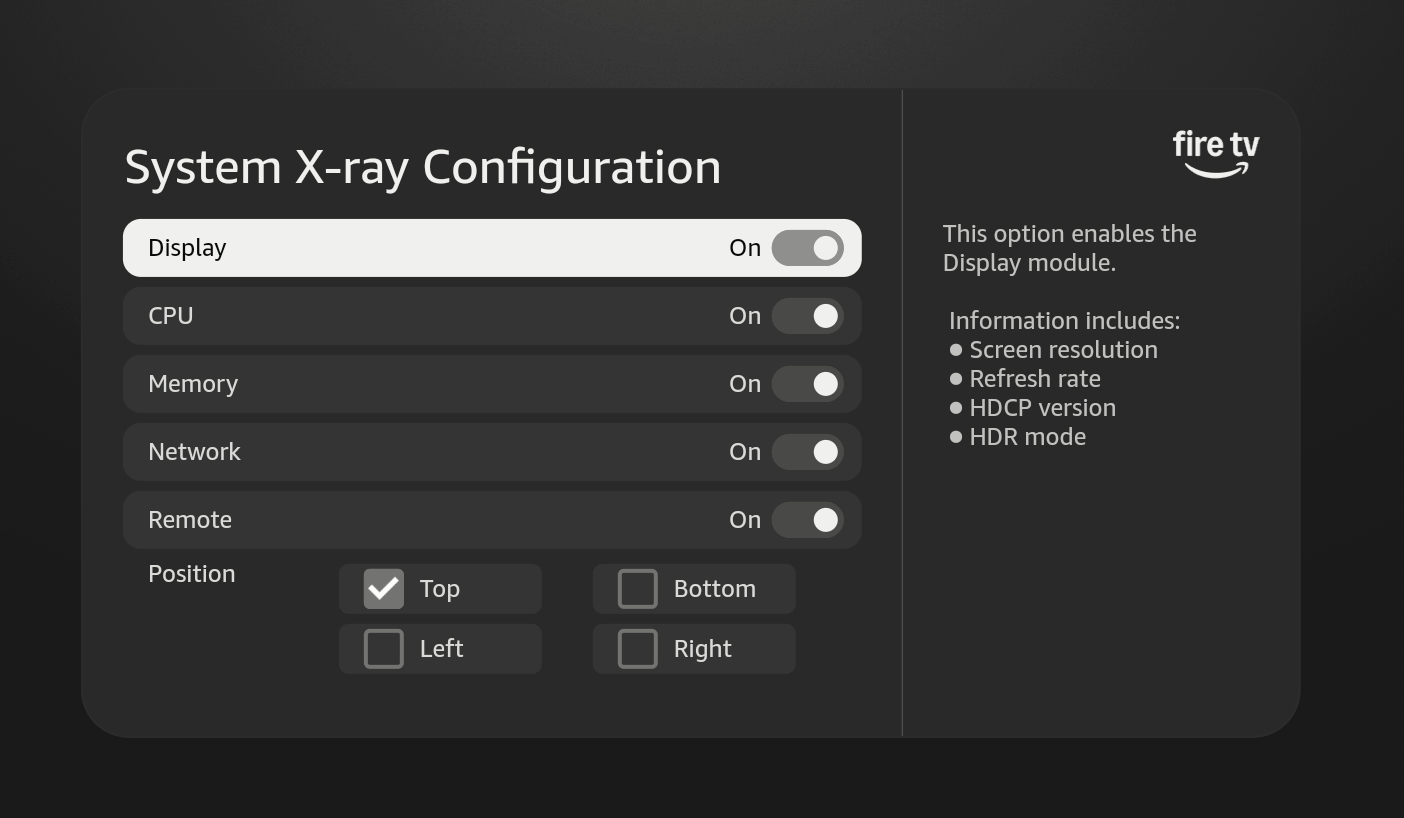 Screenshot of the System X-Ray Configuration panel, showing the settings for: Display, CPU, Memory, Network, Remote, Position. You can toggle most settings either ON or OFF and can choose Top, Bottom, Left, or Right for the Position setting.