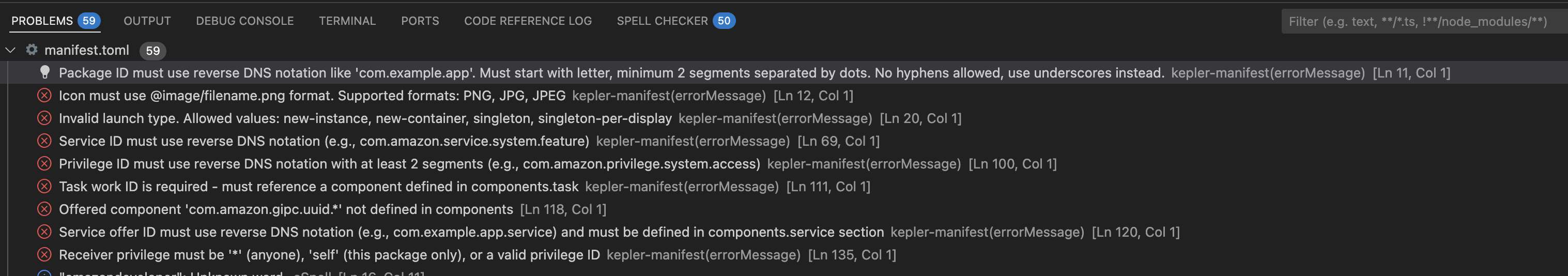 Screenshot of the problems tab in the VS Code terminal, listing the validation results.