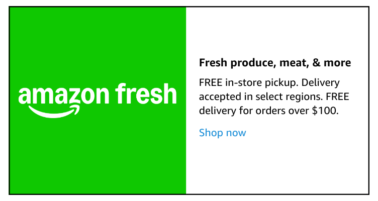 Amazon Fresh. Shop fresh produce, meat, and more. Free in-store pickup. Delivery includes service fee of $3.95 to $9.95 for orders less than $150. Available in select regions