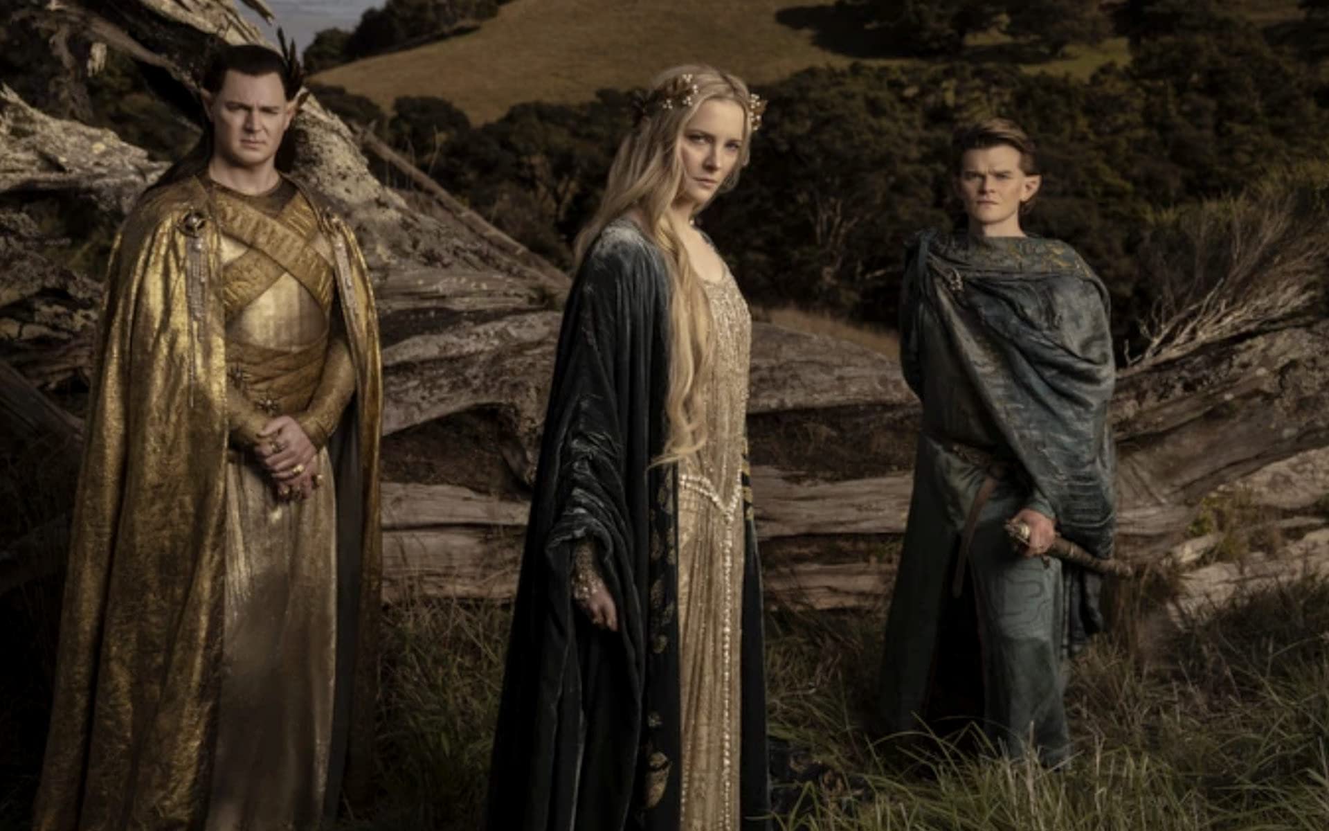 Three characters from Lord of the Rings posing