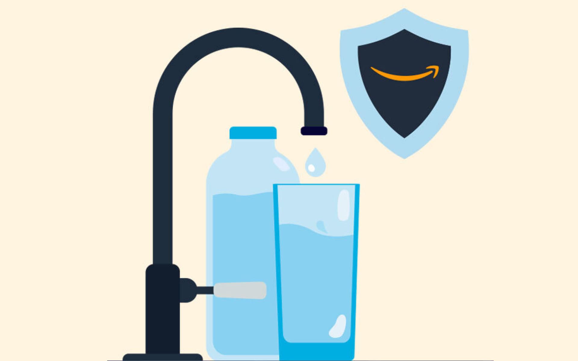 An illustration of a water bottle and water glass under a sink faucet.