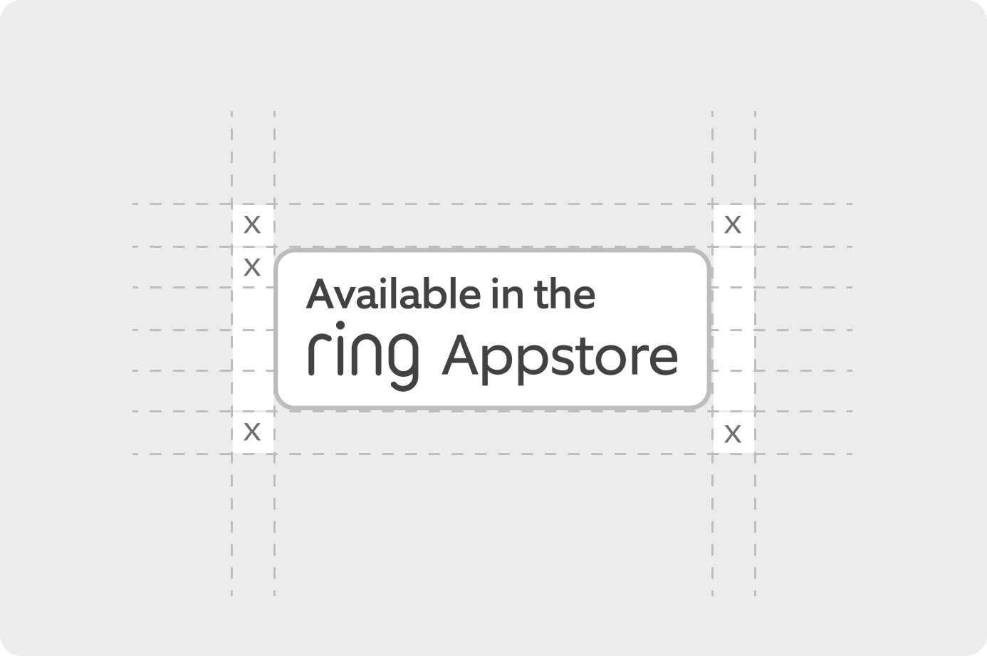 The Ring Appstore badge surrounded by dashed guide lines marking the clear space on all four sides, each gap labelled x.
