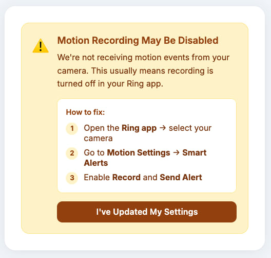 In-app message directing the customer to enable motion recording in the Ring app, with step-by-step navigation instructions