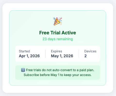 Subscription status screen showing the customer's current plan, trial expiration date, and a subscribe button