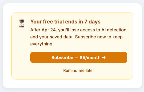In-app banner warning the customer that their free trial expires in three days, with a prominent subscribe button