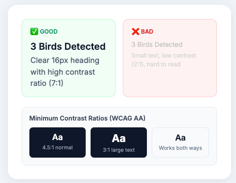 Typography and color contrast example showing accessible font sizes and color pairings that meet WCAG 2.2 Level AA contrast ratios