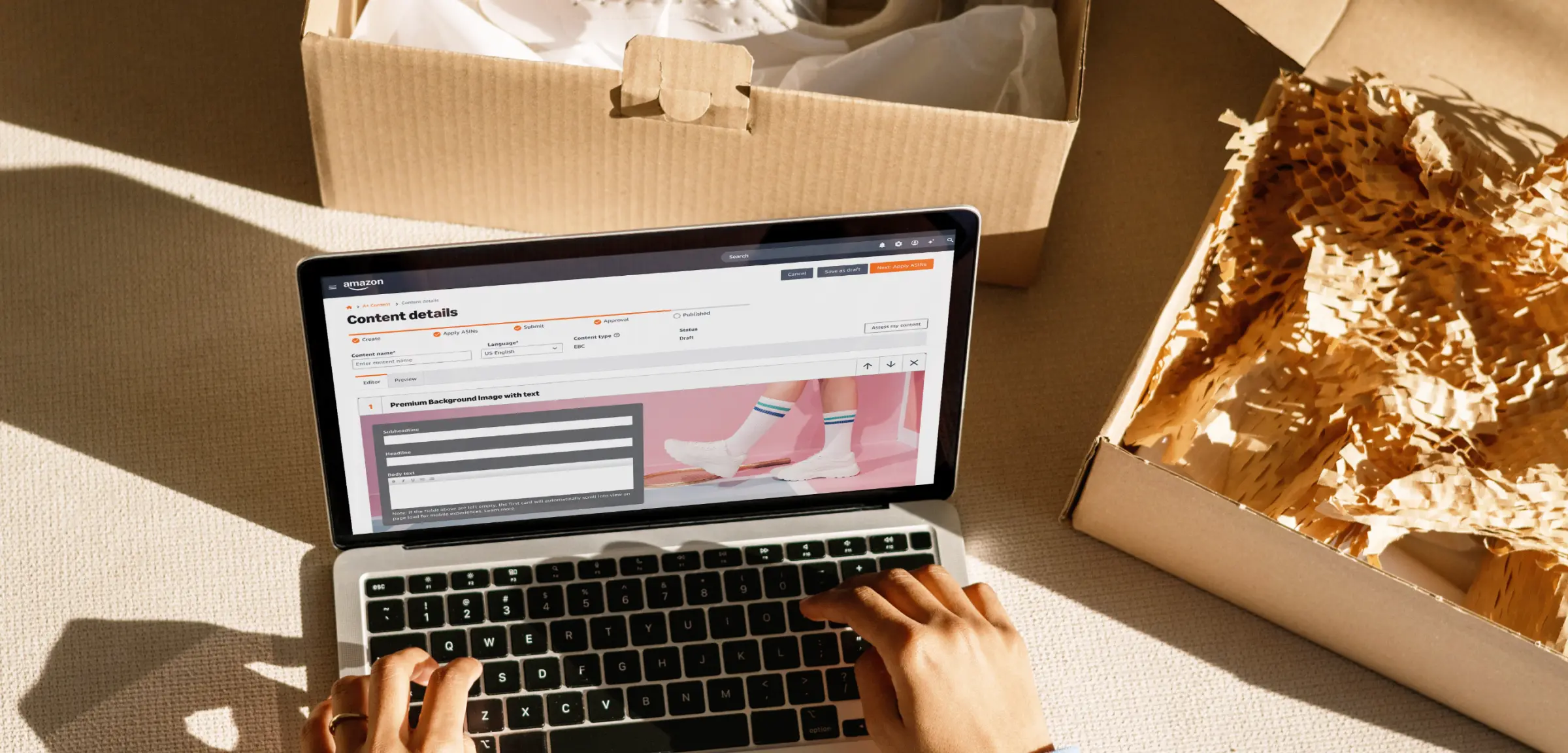 A person uses a laptop displaying a content details page for editing on Amazon Seller Central