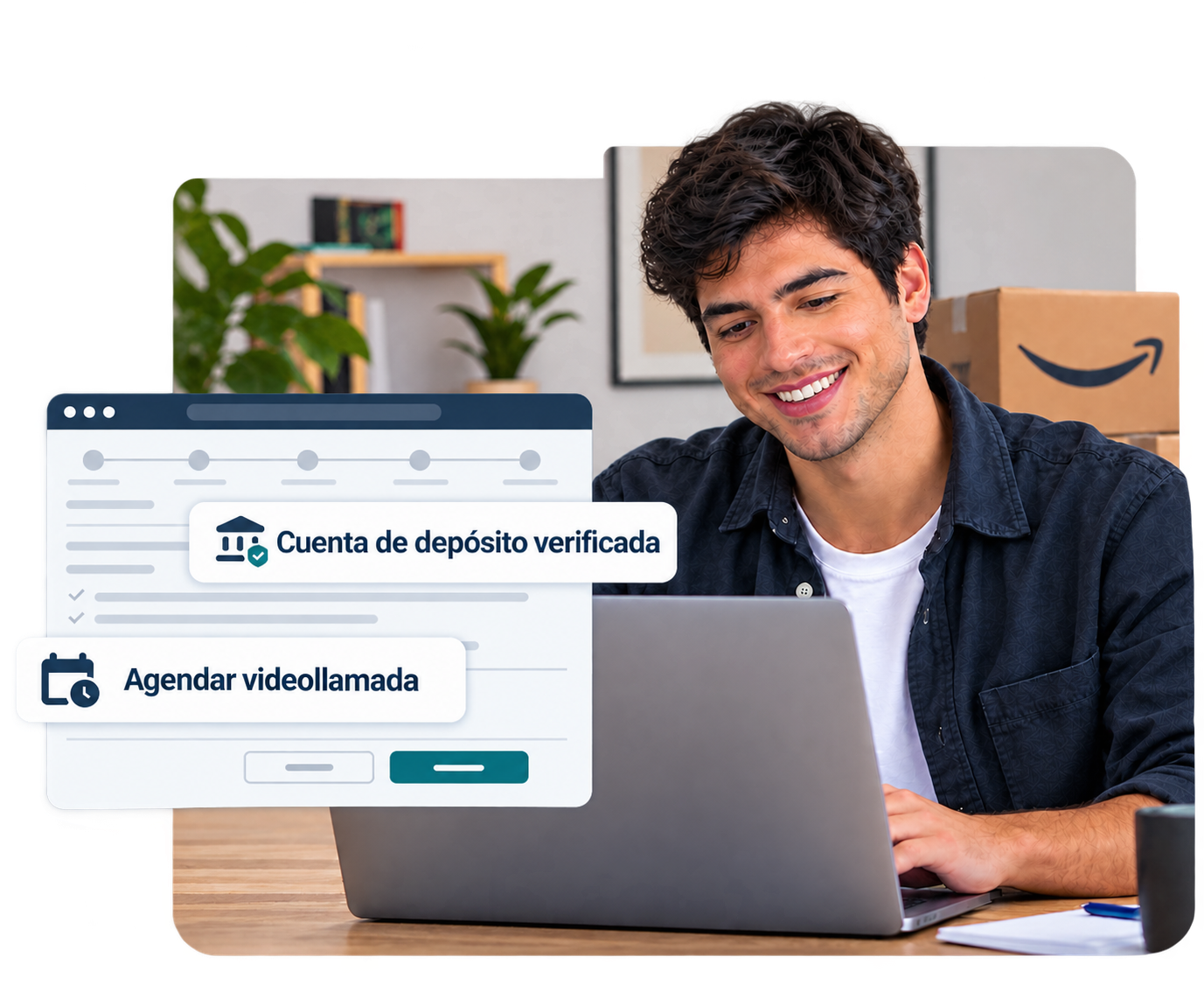 a photo of a man looking at his computer with a lofi ui illustration of seller registration tasks