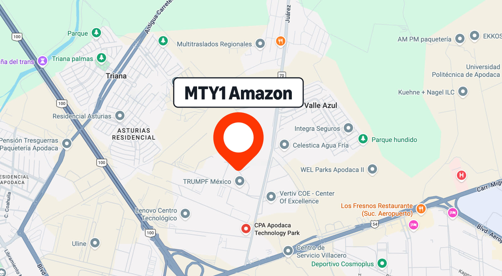 Mapa mostrando la ubicación de Amazon MTY1