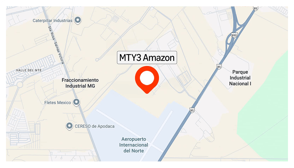 Ubicación del centro MTY3, cerca del Aeropuerto Internacional del Norte, Monterrey.