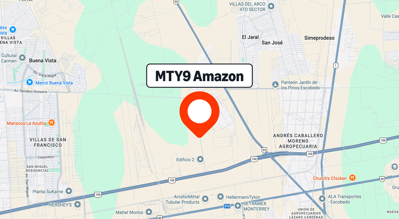 Mapa de la instalación MTY9 de Amazon en Monterrey, México, marcada con un pin rojo cerca de la Carretera 100 en zona industrial.