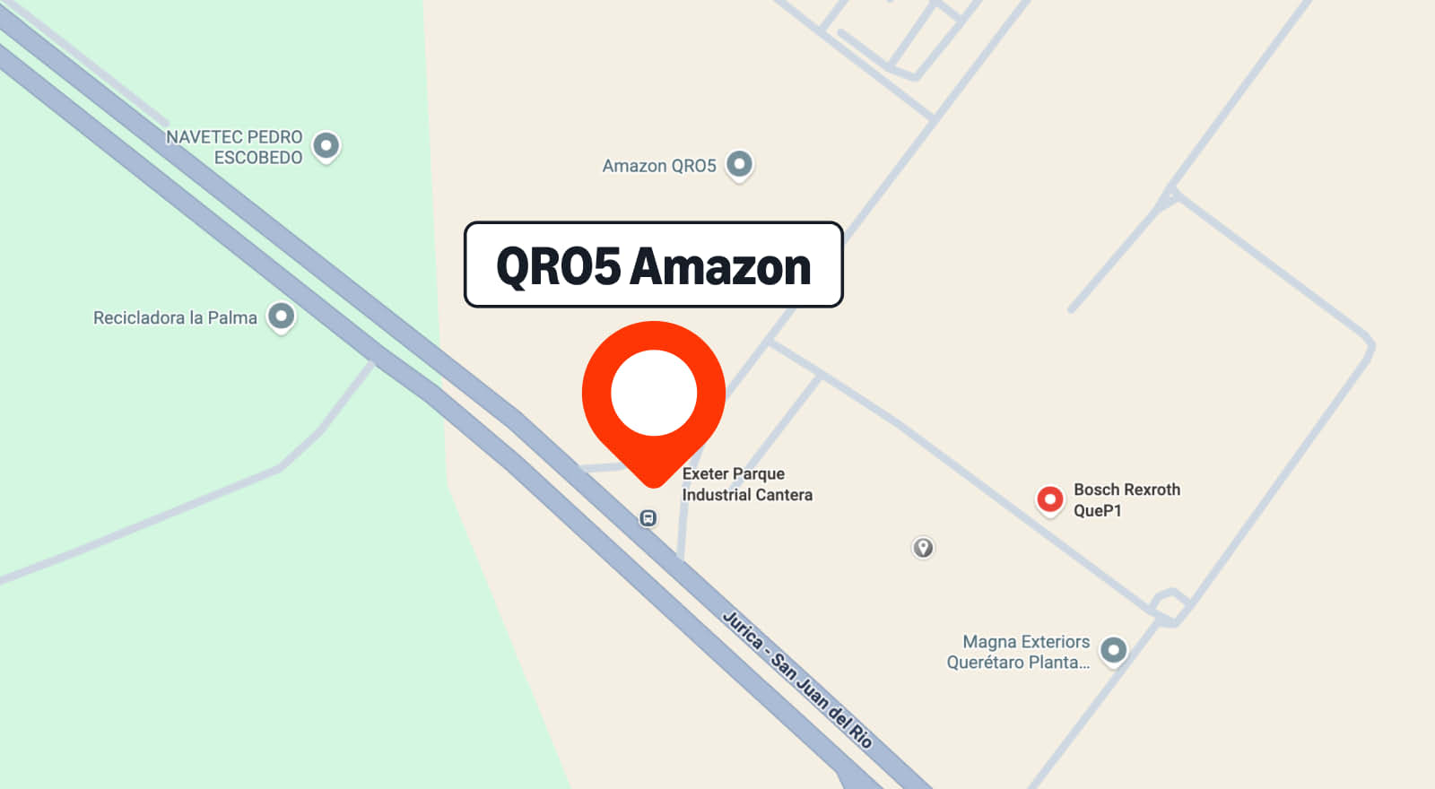 Mapa que muestra con un pin rojo la ubicación de Amazon QRO5 en Exeter Parque Industrial Cantera.