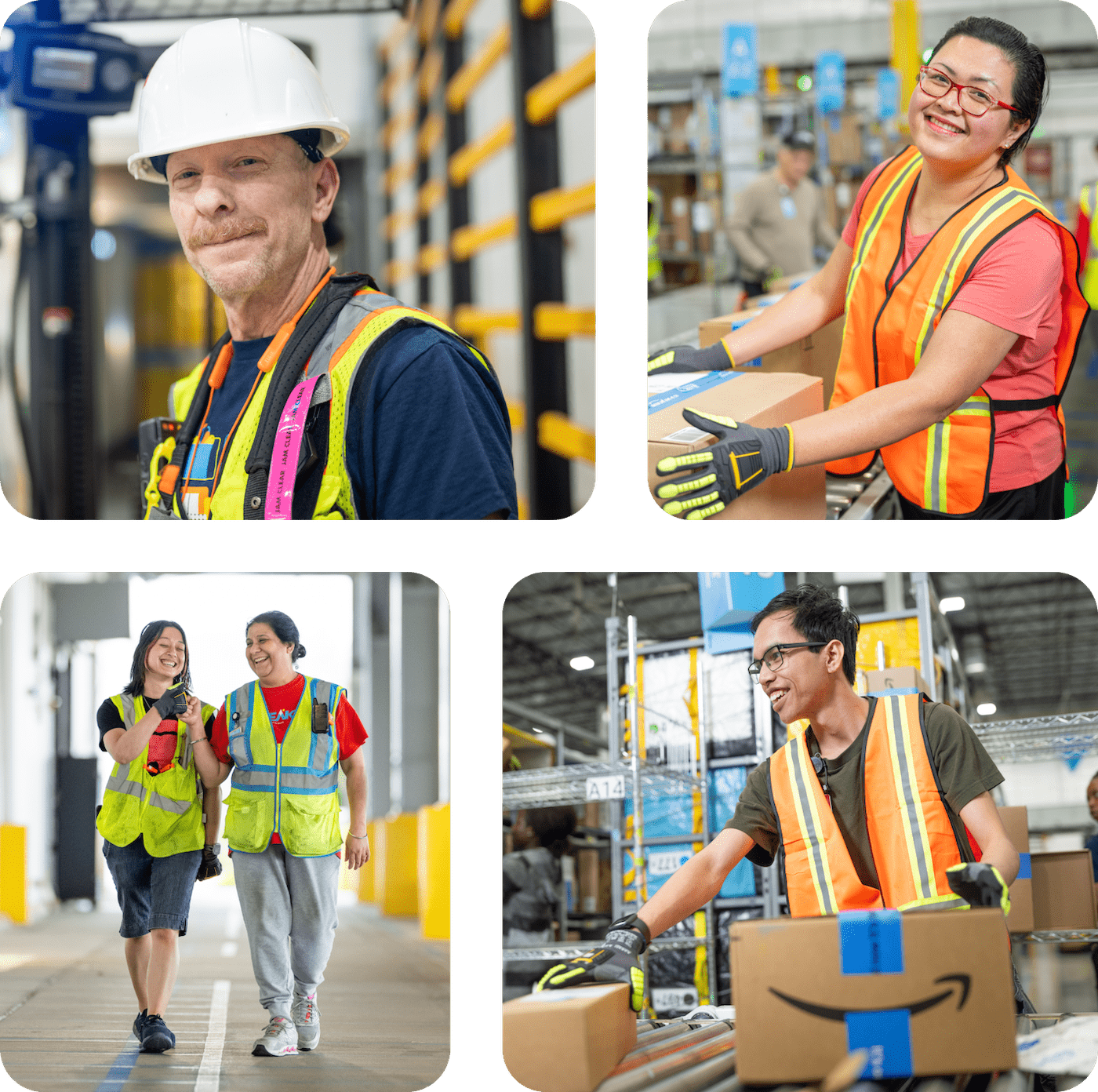 Diverse Amazon workers in safety gear, smiling and performing various tasks in a modern warehouse setting.