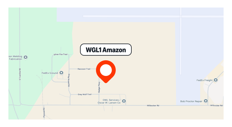 Map showing the location of the WGL1 Amazon delivery station on Badger Parkway, Gaylord, MI