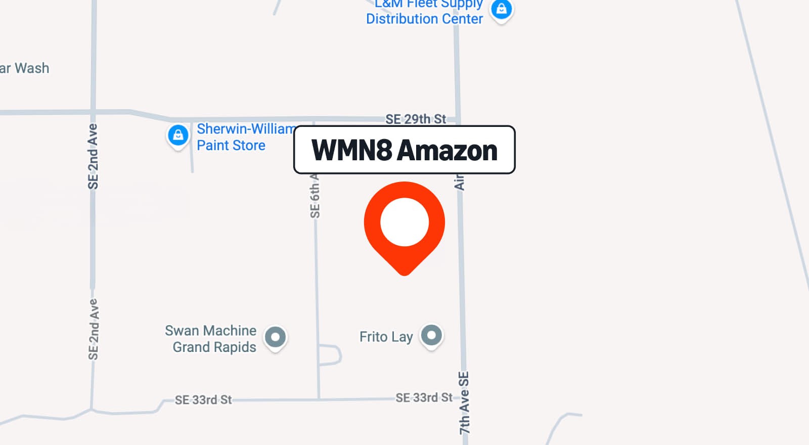 Map with an icon of the WMN8 warehouse and its location.