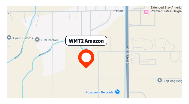 Map showing the location of the WMT2 Amazon delivery station on Brewers Boulevard, Belgrade, MT