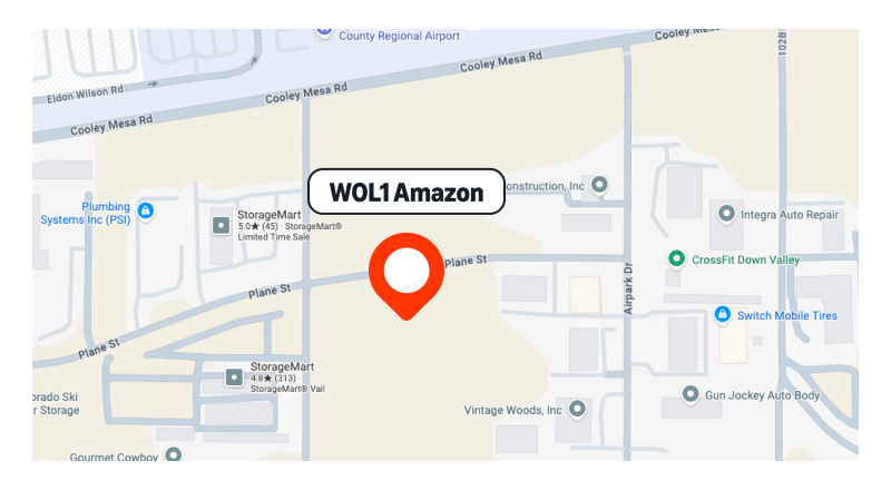 Map showing the location of the WOL1 Amazon delivery station on Gilder Way, Gypsum, CO