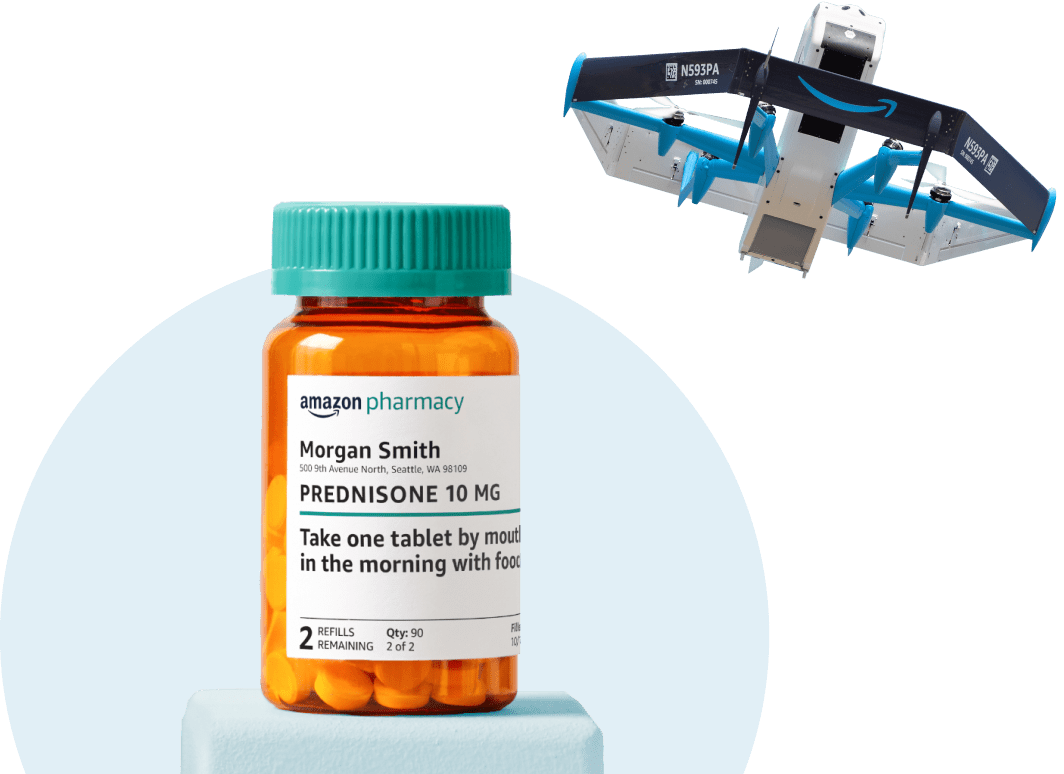Amazon Pharmacy drone delivery An Amazon drone dropping off a pharmacy bottle