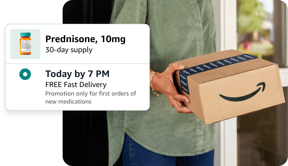 Amazon Pharmacy Same-Day Delivery Photo of a customer holding an Amazon box with a UI overlay showing Same-Day Delivery