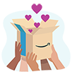 Hand holding an Amazon box full of hearts