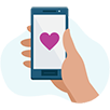 Illustration of hand holding a phone with a heart on the screen