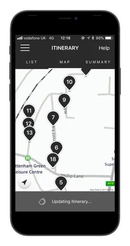Screenshot of the Amazon Flex app with delivery locations on a map 