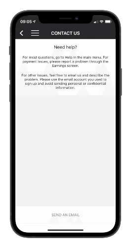 Screenshot of the Amazon Flex app contact us page