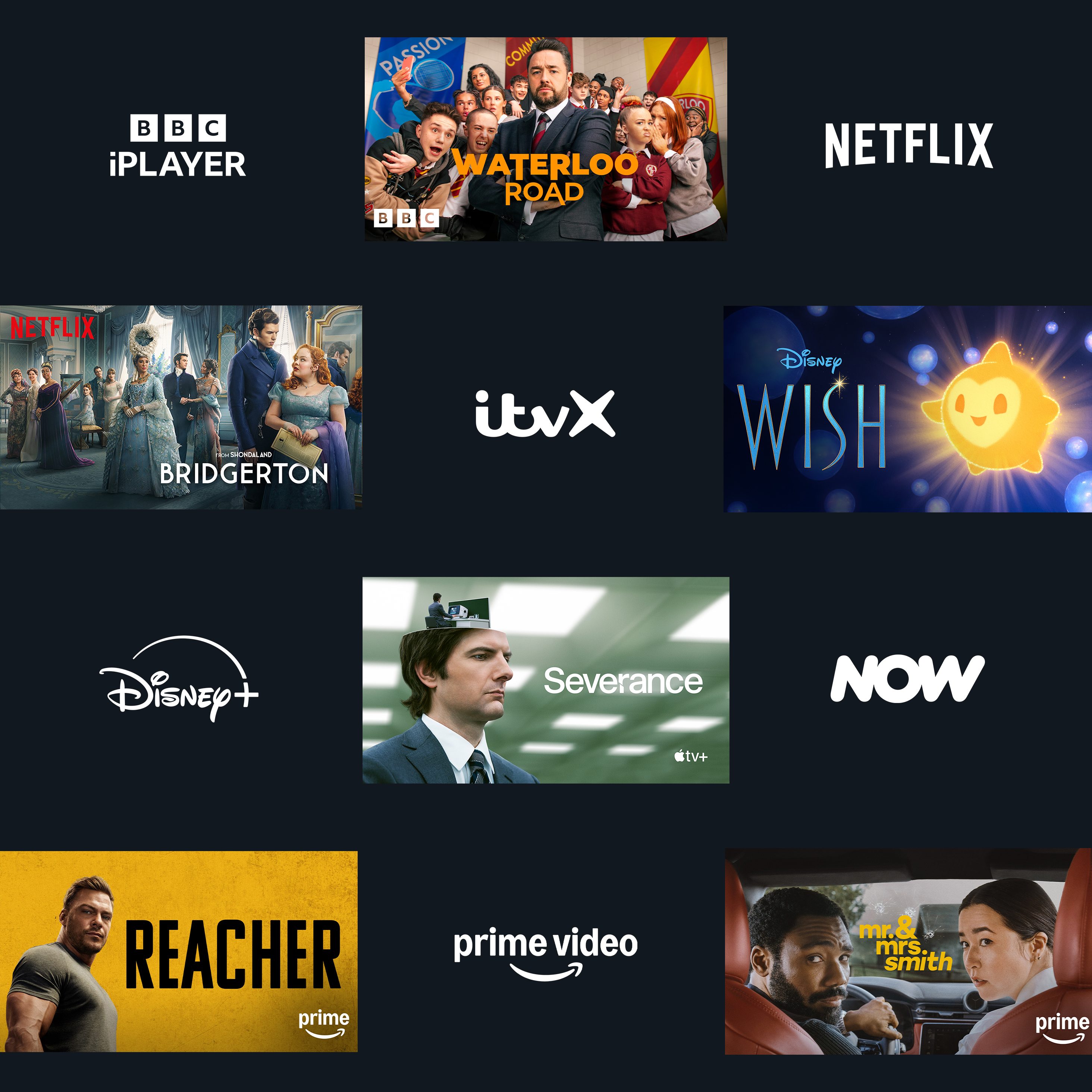 Checkerboard montage of scenes from various programmes with logos from streaming services like Prime Video, Hulu, Apple TV, Max on a blue background.