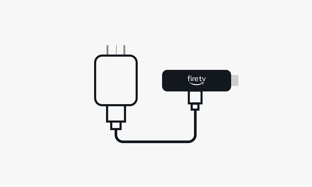 Illustration of Fire TV Stick HD: Candy bar-shaped device with an HDMI connector on one end and a USB-C socket on the side, with a power cable connected to it which leads to a power plug.