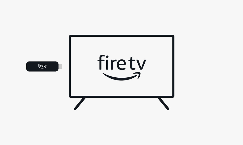 Illustration of Fire TV Stick HD: Candy bar-shaped device with an HDMI connector on one end and a USB-C socket on the side, pointing towards the side of a Fire TV HDTV.
