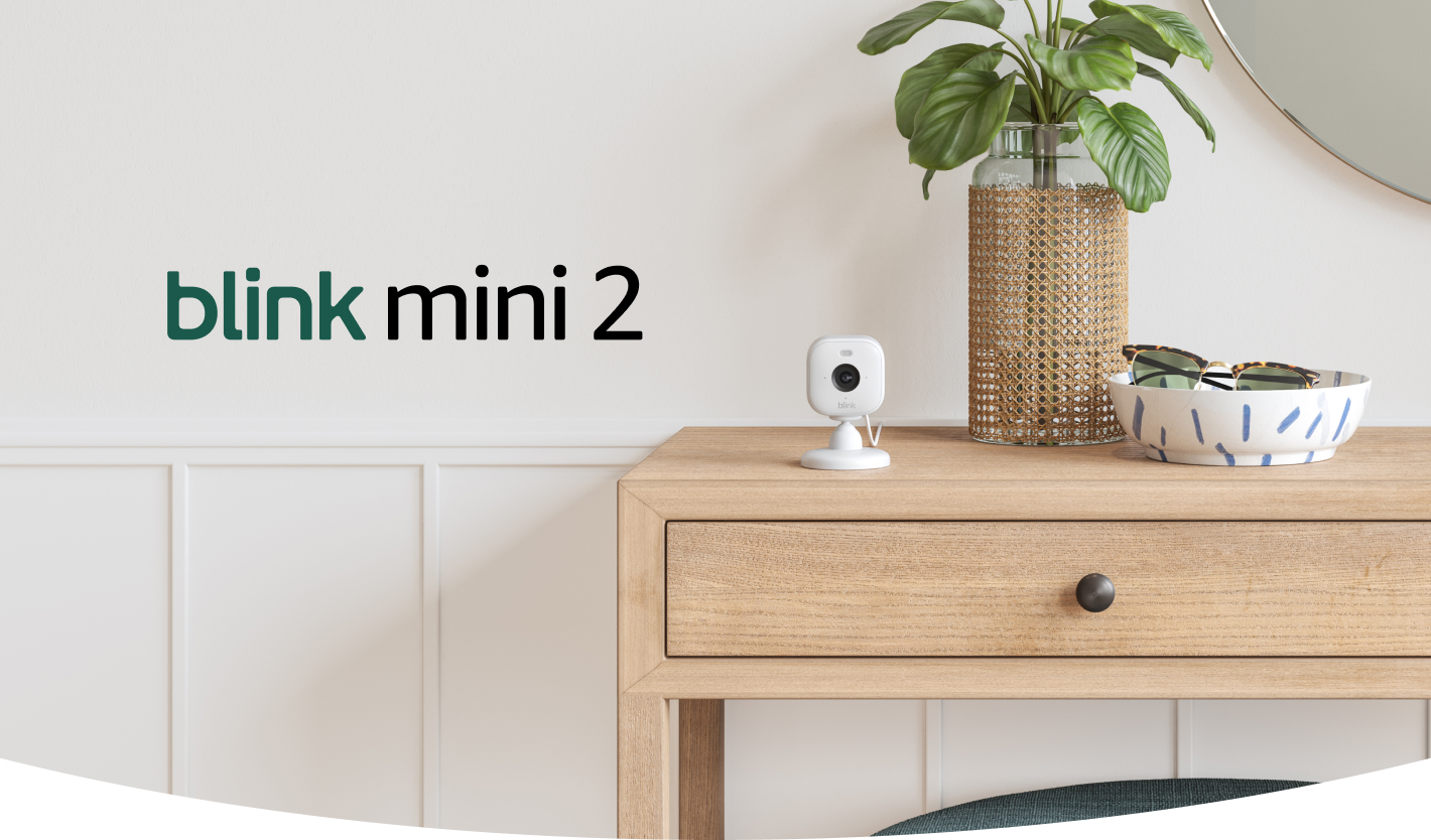 Blink Mini 2: a 5 cm square camera on a short stand on a side table decorated with a plant and a catch-all bowl. On the left, the Blink Mini 2 logo.