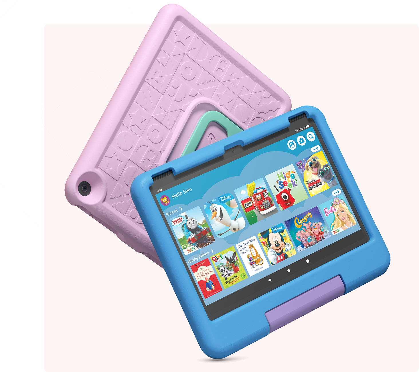 Two Fire HD 10 Kids tablets in pink and blue print.