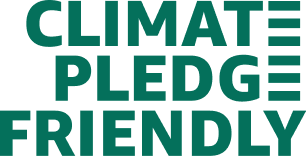 Green Climate Pledge Friendly logo with capital letters for certification of Amazon's sustainable products